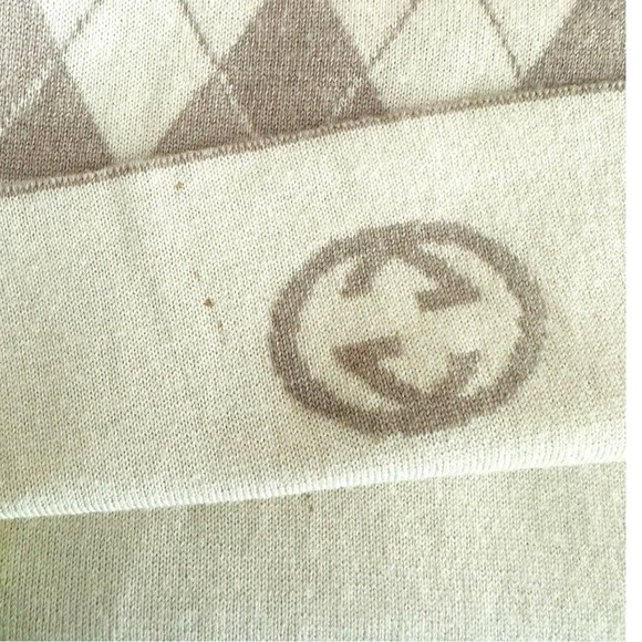 GUCCI Oatmeal & Cream Argyle & Stripe Reversible Monogram Wool Silk Scarf 10x70” - Picture 6 of 8